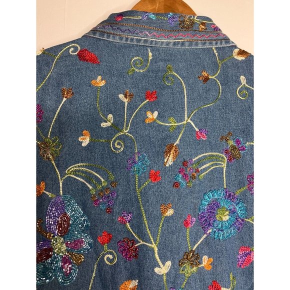 The Quacker Factory Women's Medium Chambray Beaded Embroidered Shirt New - Picture 14 of 16